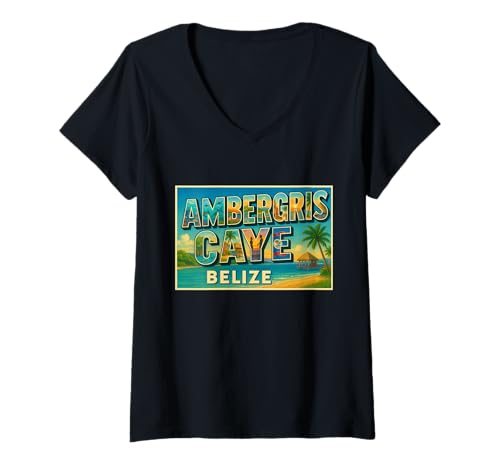 Damen Ambergris Caye Belize Vintage Reise Souvenir Kunst Grafik T-Shirt mit V-Ausschnitt Damen Ambergris Caye Belize Vintage Reise Souvenir Kunst Grafik T-Shirt mit V-Ausschnitt von Crabby's Caribbean Threads Apparel and Design