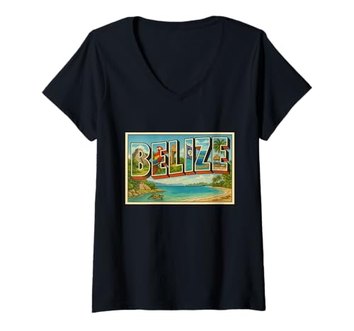 Damen Belize 50er Jahre Vintage Reise Souvenir Poster Kunst Grafik T-Shirt mit V-Ausschnitt Damen Belize 50er Jahre Vintage Reise Souvenir Poster Kunst Grafik T-Shirt mit V-Ausschnitt von Crabby's Caribbean Threads Apparel and Design