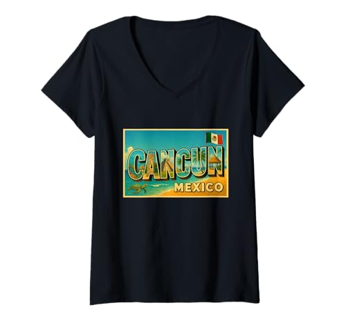 Damen Cancun Mexiko Vintage Reise Souvenir Post Art Grafik T-Shirt mit V-Ausschnitt Damen Cancun Mexiko Vintage Reise Souvenir Post Art Grafik T-Shirt mit V-Ausschnitt von Crabby's Caribbean Threads Apparel and Design
