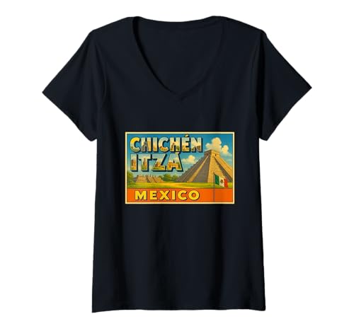 Damen Chichen Itza Mexiko Vintage Reise Souvenir Kunst Grafik T-Shirt mit V-Ausschnitt Damen Chichen Itza Mexiko Vintage Reise Souvenir Kunst Grafik T-Shirt mit V-Ausschnitt von Crabby's Caribbean Threads Apparel and Design