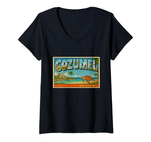 Damen Cozumel Mexiko Vintage Reise Souvenir Poster Kunst Grafik T-Shirt mit V-Ausschnitt Damen Cozumel Mexiko Vintage Reise Souvenir Poster Kunst Grafik T-Shirt mit V-Ausschnitt von Crabby's Caribbean Threads Apparel and Design