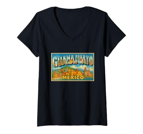 Damen Guanajuato Mexiko Vintage Reise Souvenir Poster Kunst Grafik T-Shirt mit V-Ausschnitt Damen Guanajuato Mexiko Vintage Reise Souvenir Poster Kunst Grafik T-Shirt mit V-Ausschnitt von Crabby's Caribbean Threads Apparel and Design