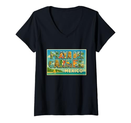 Damen Playa del Carmen Mexiko Vintage Reise Souvenir Kunst Grafik T-Shirt mit V-Ausschnitt Damen Playa del Carmen Mexiko Vintage Reise Souvenir Kunst Grafik T-Shirt mit V-Ausschnitt von Crabby's Caribbean Threads Apparel and Design