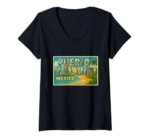 Damen Puerto Vallarta Mexiko Vintage Reise Souvenir Kunst Grafik T-Shirt mit V-Ausschnitt Damen Puerto Vallarta Mexiko Vintage Reise Souvenir Kunst Grafik T-Shirt mit V-Ausschnitt von Crabby's Caribbean Threads Apparel and Design
