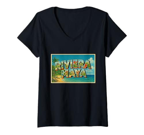 Damen Riviera Maya Mexiko 50er Jahre Vintage Reise Souvenir Kunst Grafik T-Shirt mit V-Ausschnitt Damen Riviera Maya Mexiko 50er Jahre Vintage Reise Souvenir Kunst Grafik T-Shirt mit V-Ausschnitt von Crabby's Caribbean Threads Apparel and Design