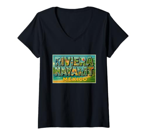 Damen Riviera Nayarit Mexiko Vintage Reise Souvenir Kunst Grafik T-Shirt mit V-Ausschnitt Damen Riviera Nayarit Mexiko Vintage Reise Souvenir Kunst Grafik T-Shirt mit V-Ausschnitt von Crabby's Caribbean Threads Apparel and Design