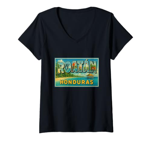 Damen Roatan Honduras Vintage-Reise-Souvenir-Poster, Kunstgrafik T-Shirt mit V-Ausschnitt Damen Roatan Honduras Vintage-Reise-Souvenir-Poster, Kunstgrafik T-Shirt mit V-Ausschnitt von Crabby's Caribbean Threads Apparel and Design