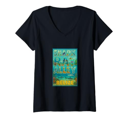 Damen Shark Ray Alley Belize Vintage Reise Souvenir Kunst Grafik T-Shirt mit V-Ausschnitt Damen Shark Ray Alley Belize Vintage Reise Souvenir Kunst Grafik T-Shirt mit V-Ausschnitt von Crabby's Caribbean Threads Apparel and Design