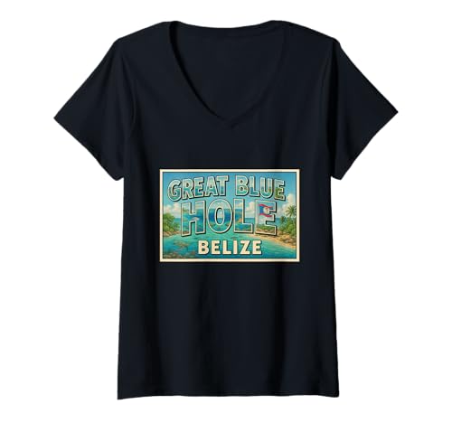 Damen Tolles Blue Hole Belize Vintage-Tauch-Souvenir-Kunstgrafik T-Shirt mit V-Ausschnitt Damen Tolles Blue Hole Belize Vintage-Tauch-Souvenir-Kunstgrafik T-Shirt mit V-Ausschnitt von Crabby's Caribbean Threads Apparel and Design