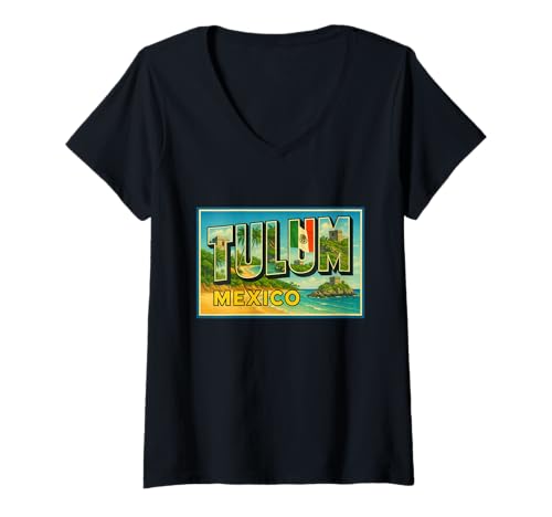 Damen Tulum Mexiko Vintage Reise Souvenir Poster Kunst Grafik T-Shirt mit V-Ausschnitt von Crabby's Caribbean Threads Apparel and Design