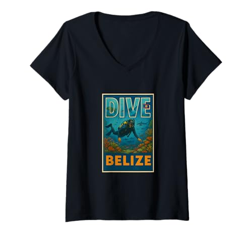 Damen Vintage-Tauch-Souvenir-Grafik zum Tauchen in Belize T-Shirt mit V-Ausschnitt Damen Vintage-Tauch-Souvenir-Grafik zum Tauchen in Belize T-Shirt mit V-Ausschnitt von Crabby's Caribbean Threads Apparel and Design