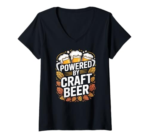 Damen Gläser von Powered by Craft Beer Hops T-Shirt mit V-Ausschnitt von Craft Beer Enthusiast Lifestyle Fun