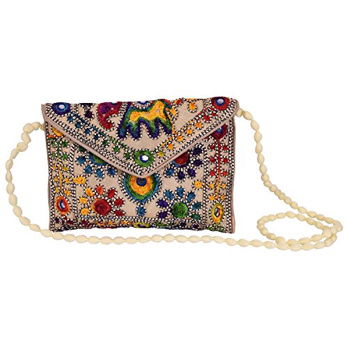 Clutch-Taschen für Frauen – Rajasthani handbestickte Mini-Umhängetasche für Damen, Cluches für Hochzeit, Party, Geschenke, Beige von Craft Trade