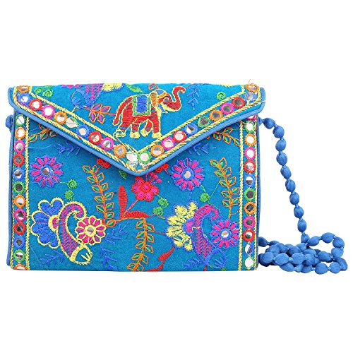 Craft Trade Rajasthani Mini Clutch-Taschen für Frauen Indisch Jaipuri-Kunst Handtasche für Damen Handbestickte Clutch Umhängetasche für Hochzeits Party und Geschenke - Himmelblau von Craft Trade
