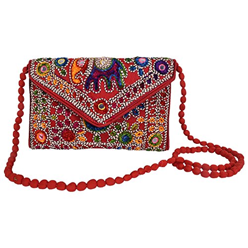 Craft Trade Rajasthani Mini Clutch-Taschen für Frauen Indisch Jaipuri-Kunst Clutch Handtasche für Damen Handbestickte Clutch Umhängetasche für Hochzeits Party und Geschenke - Rot Bestickt von Craft Trade