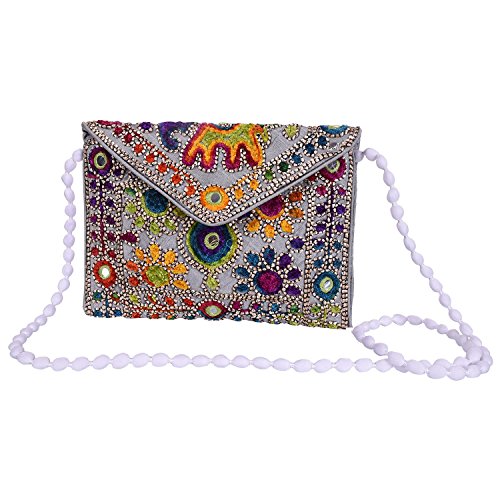 Craft Trade Rajasthani Mini Clutch-Taschen für Frauen Indisch Jaipuri-Kunst Clutch Handtasche für Damen Handbestickte Clutch Umhängetasche für Hochzeits Party und Geschenke - Silber von Craft Trade
