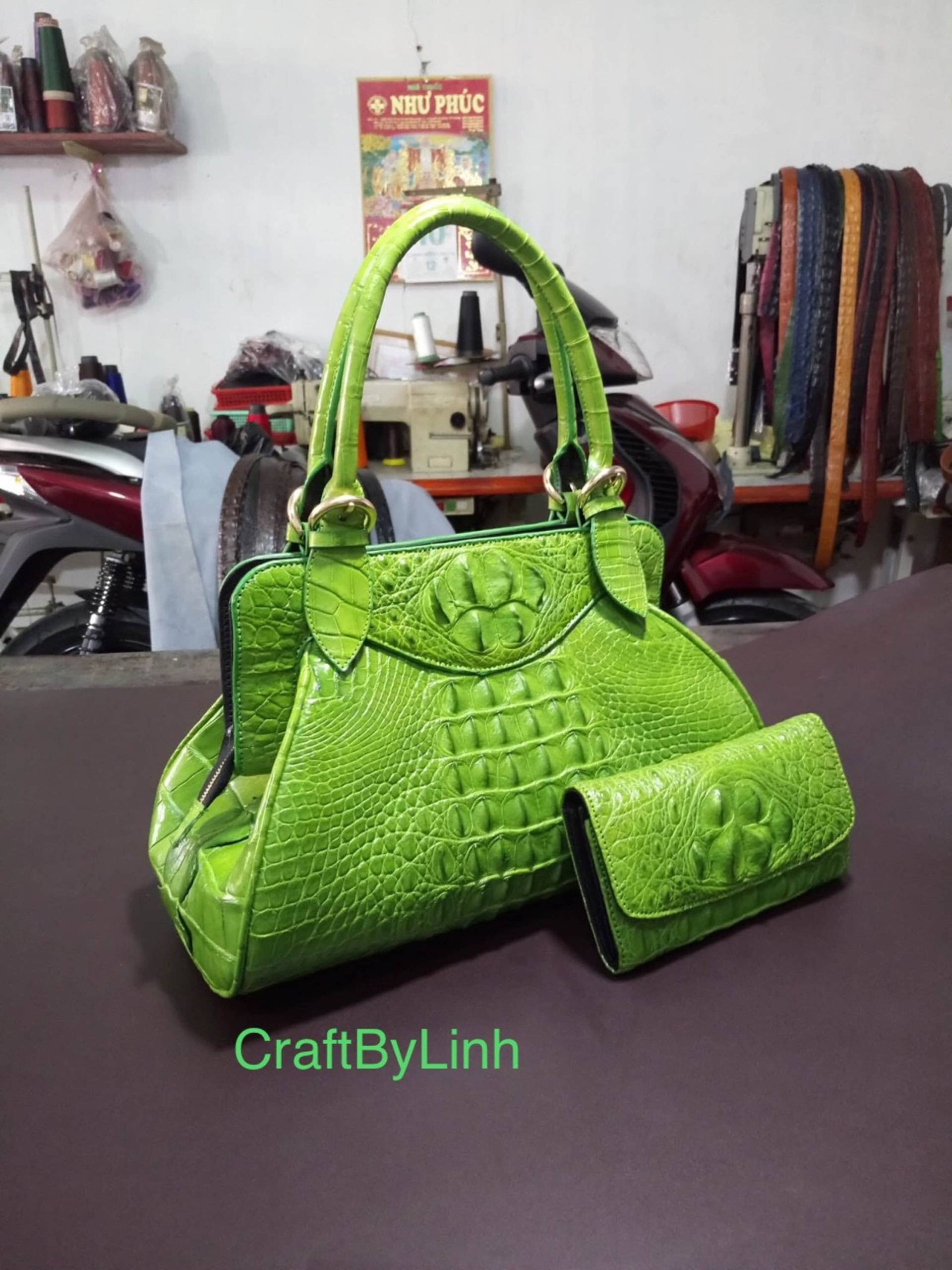 Grüne Echt Al-Li Leder Kombination 2-Fach Geldbörse/Clutch Und Top Henkel Tasche, Set Für Frauen-Spezial-Set, Geschenk Sie/Mathematiker von CraftByLinh