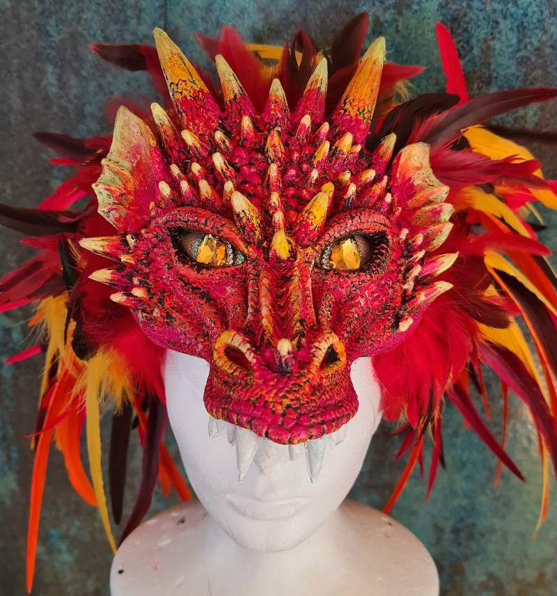 Feuer Drachen Kopfschmuck, Rote Und Gelbe Drachenfeder Krone, Halloween Kostüm von CraftExplosionCZ