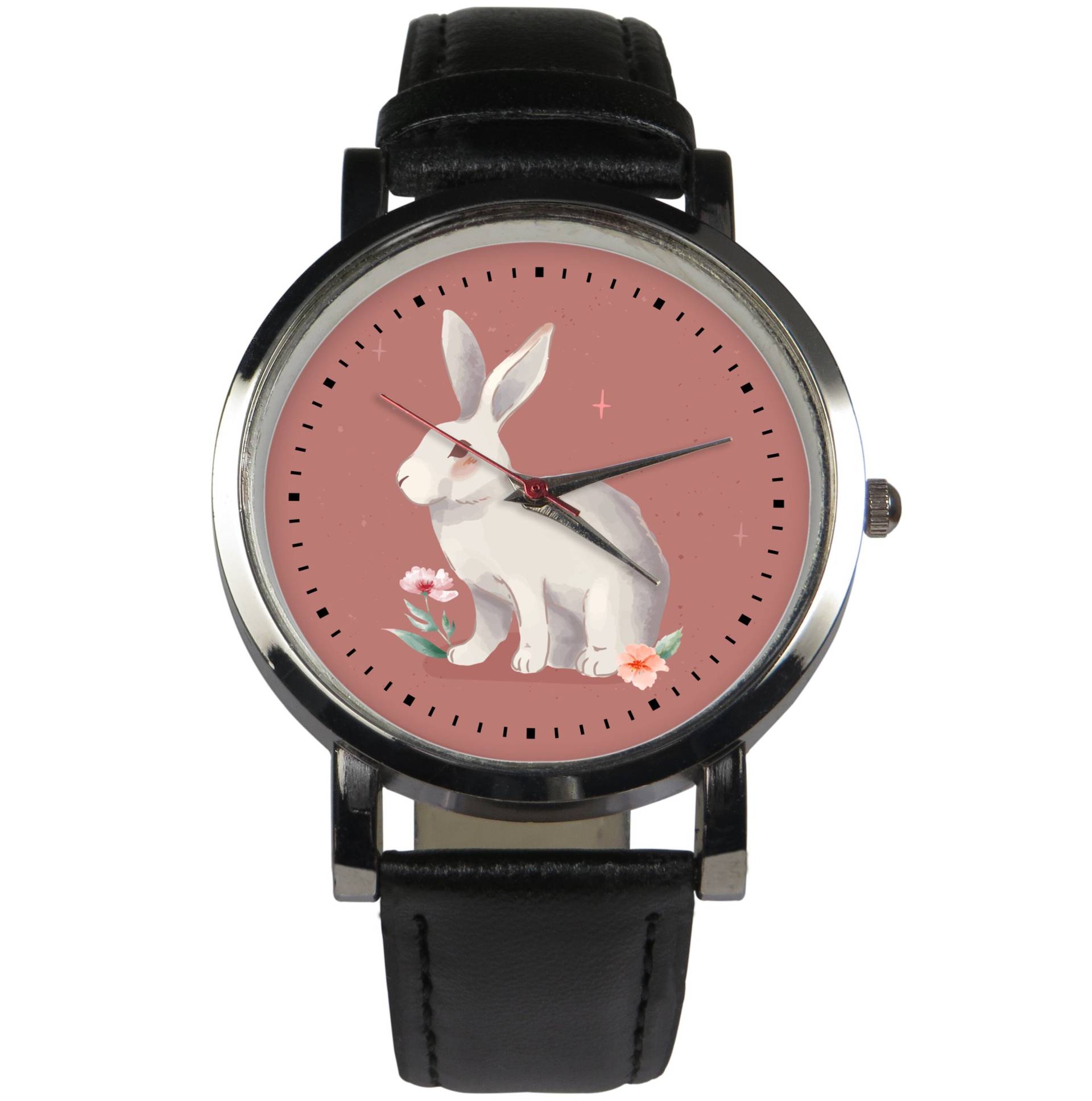 Super Süße Hase Armbanduhr Design. Blushing Design, Mit Umlaufenden Blumen, Blickfang Aquarell Zeichnung Tier Thema Uhr von CraftWatches