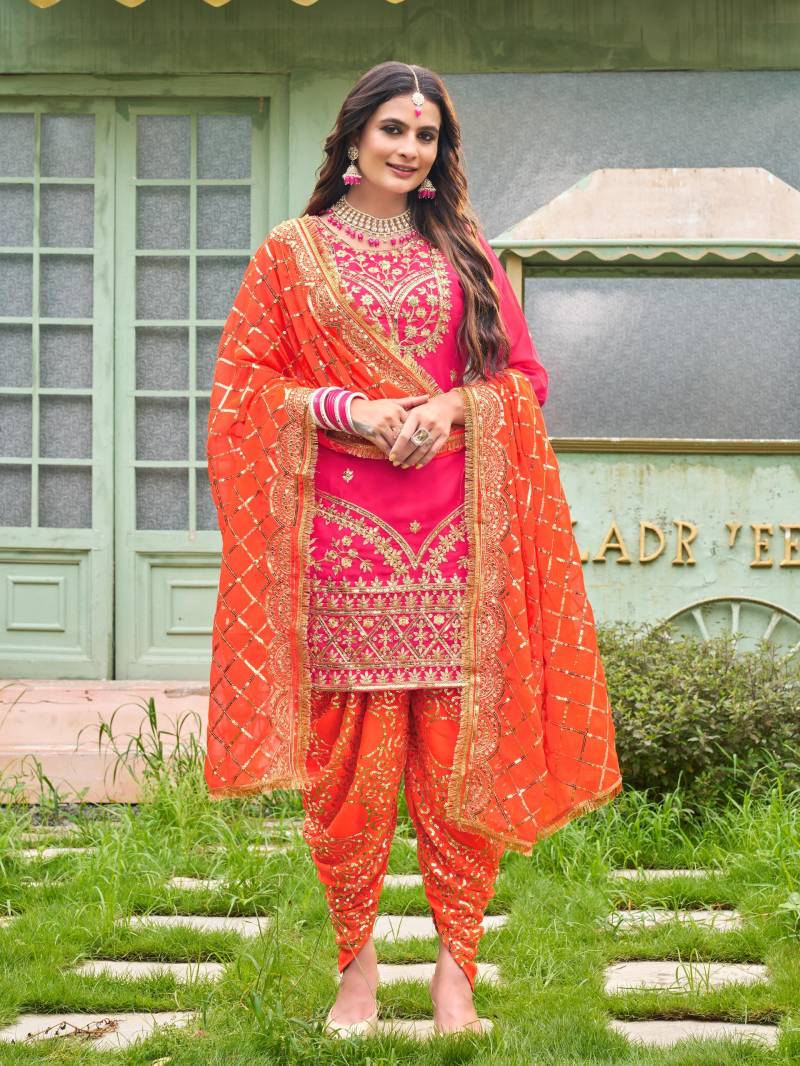 Designer Heavy Work Georgette Short Kurta Mit Dhoti/Patiala Und Dupatta, Punjabi Set Salwar Kameez Readymade Festival Wear Kleid von CraftaraShop