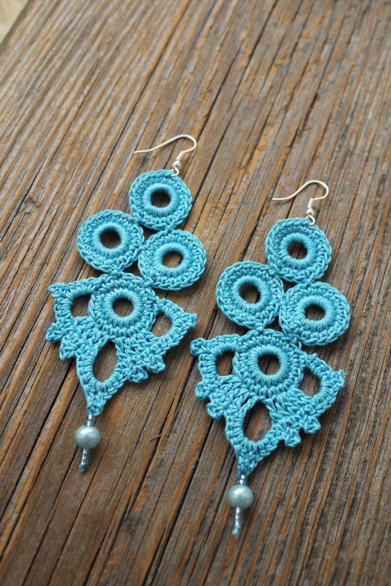 Lange Blaue Ohrringe, Gehäkelte Lange Geschenkidee Für von CraftbyagaStyle