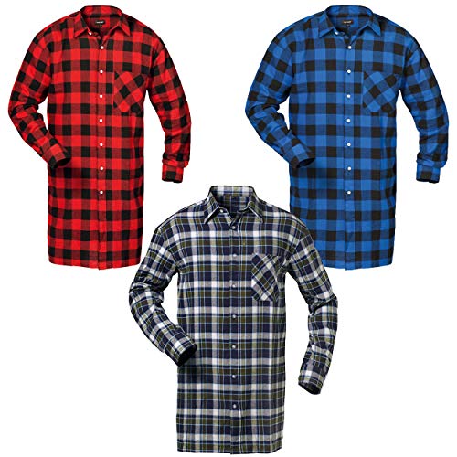 Craftland Flanell Hemd extra lang im 3er-Set 100% Baumwolle mit Brusttasche in blau, rot, Marine Größe wählbar (XXXXL) von Craftland