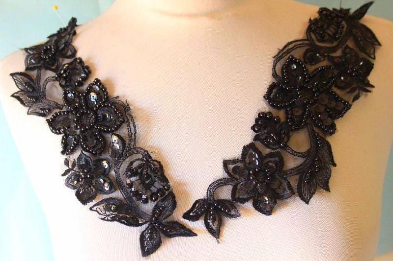 Schöne Gestickte Und Mit Perlen Bestickte Applikation Blume Aus Organza Schwarzen Applikationen von CraftsWarehouseHub