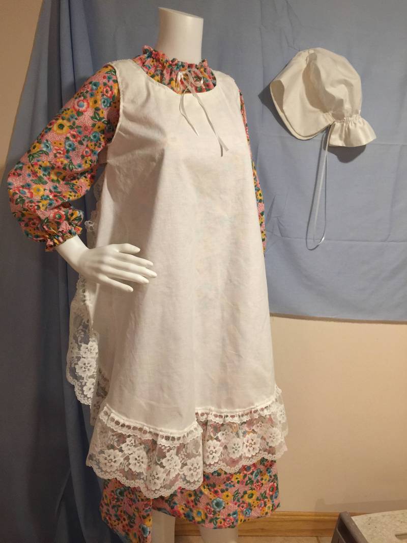 Mädchen 8-10 Rotes Blumen Kostüm Kleid, Pinafore & Haube Pioneer Laura Ingals Reenactment Prairie von CraftyByNatureStore