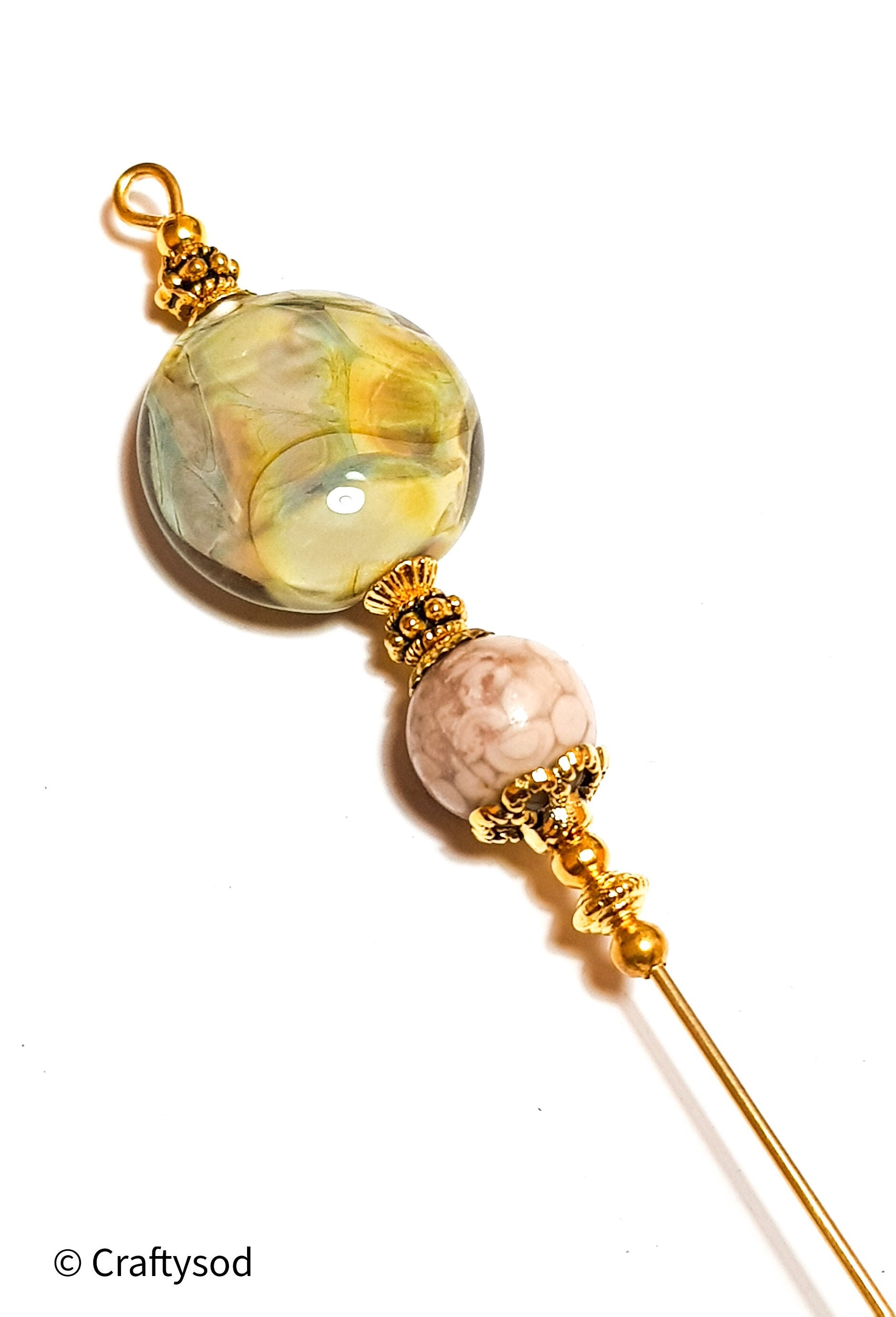 5" Gold Marmorierte Stil Glas & Maifanit Edelstein Handgemacht Lampwork Bead Hat Pin - Mit Endschutz von CraftysodJewellery1