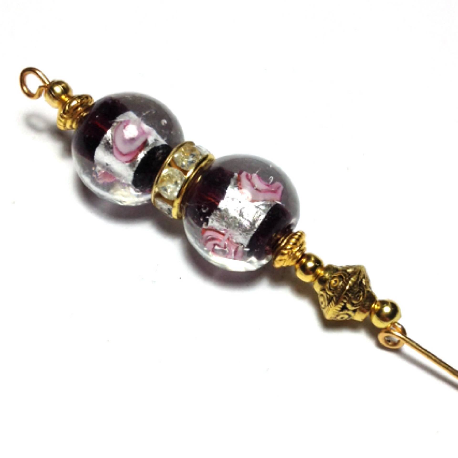 5" Gold Schwarz & Rosa Glas Perlen Hut Pin Vintage Style - Mit Endschutz von CraftysodJewellery1
