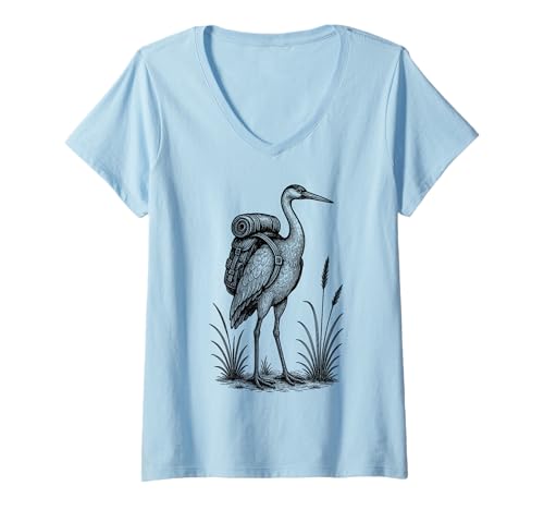 Damen Wanderkranich, Rucksackreisen, Abenteuer, Natur, Tier, Vogelliebhaber T-Shirt mit V-Ausschnitt von Crane Hiker Trekking Hike Merch.