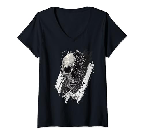 Damen Moderner Totenkopf, harter Rock, Totenkopf, schwarz und weiß T-Shirt mit V-Ausschnitt Damen Moderner Totenkopf, harter Rock, Totenkopf, schwarz und weiß T-Shirt mit V-Ausschnitt von Crâne squelette pirate rétro noir blanc halloween