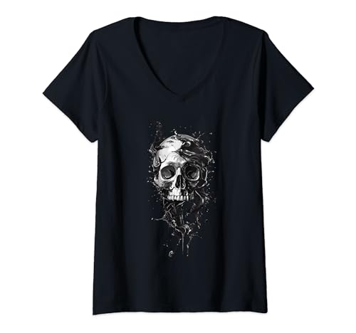 Damen Totenkopf flüssig, fließend, modern, Rock Fun, schwarz und weiß T-Shirt mit V-Ausschnitt Damen Totenkopf flüssig, fließend, modern, Rock Fun, schwarz und weiß T-Shirt mit V-Ausschnitt von Crâne squelette pirate rétro noir blanc halloween
