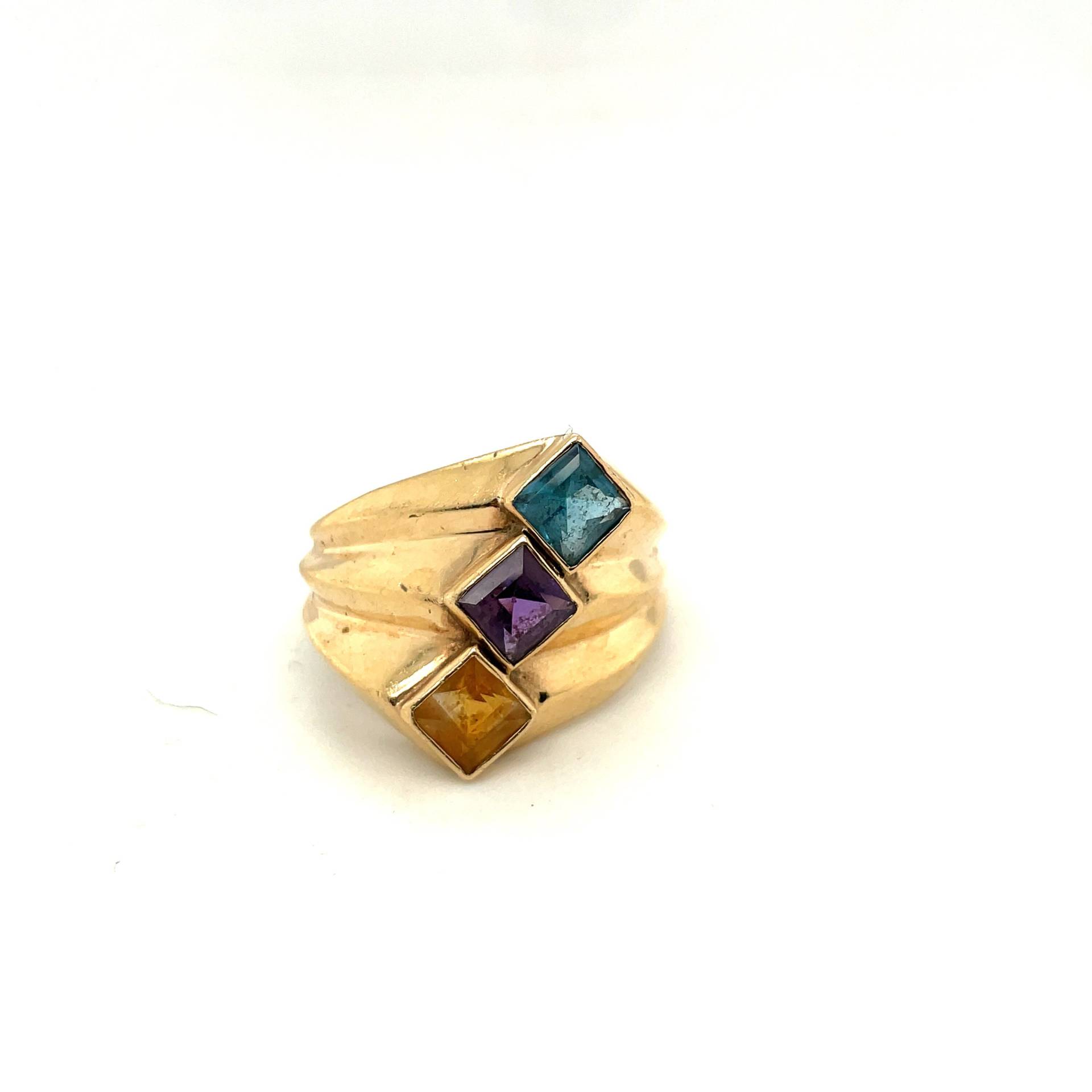 14K Gelbgold Citrin, Amethyst, Blautopas Statement Ring von Crawfordsjewel