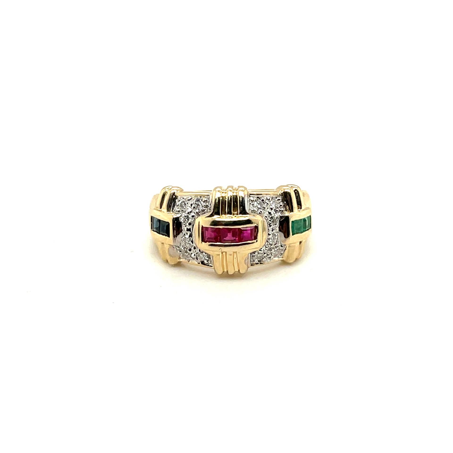 14K Gelbgold Diamant, Smaragd, Rubin, Saphir Stapelring von Crawfordsjewel