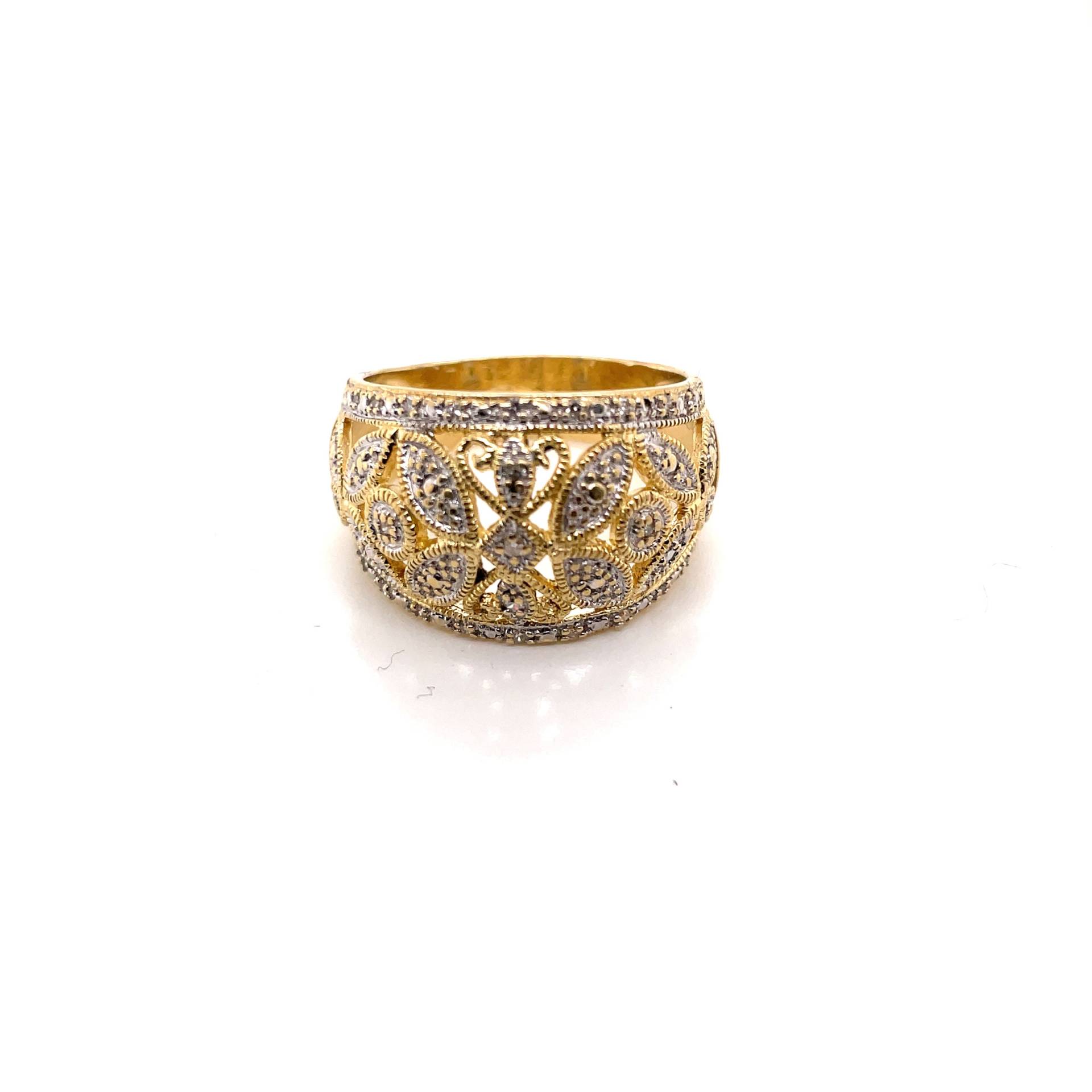 14K Gelbgold Diamant Blume Offen Filigrane Kuppelform Ring von Crawfordsjewel