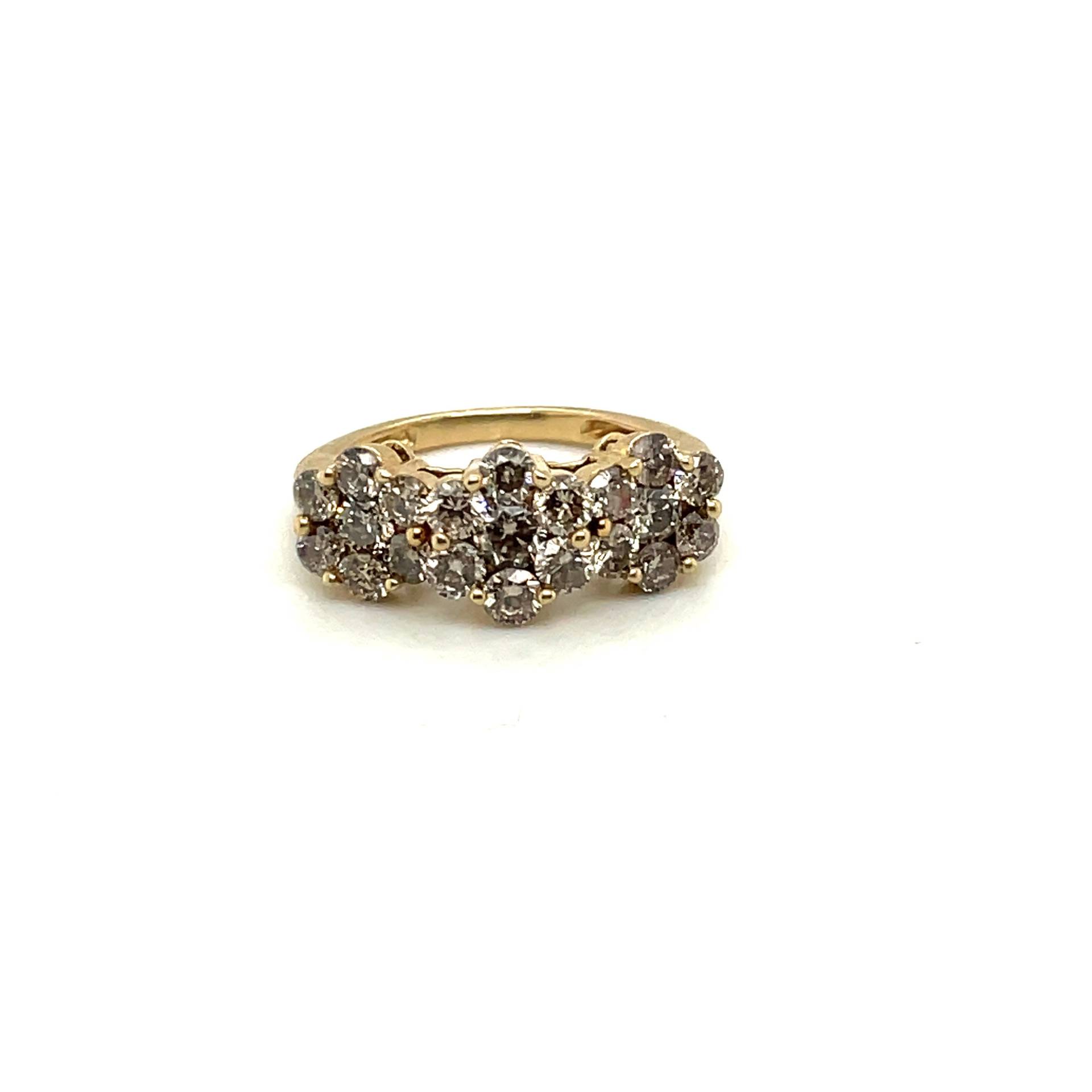 14K Gelbgold Diamant Dreifach Blumen Cluster Ring von Crawfordsjewel