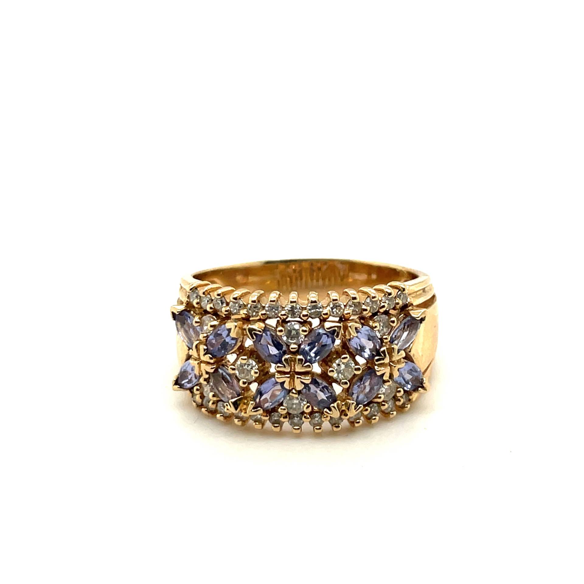 14K Gelbgold Diamant & Marquise Cut Tanzanit Mehrreihige Blume Ring Apex13482 von Crawfordsjewel