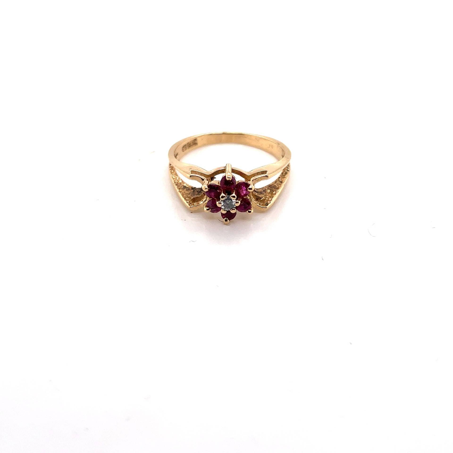 14K Gelbgold Diamant & Rubin Blumen Ring von Crawfordsjewel