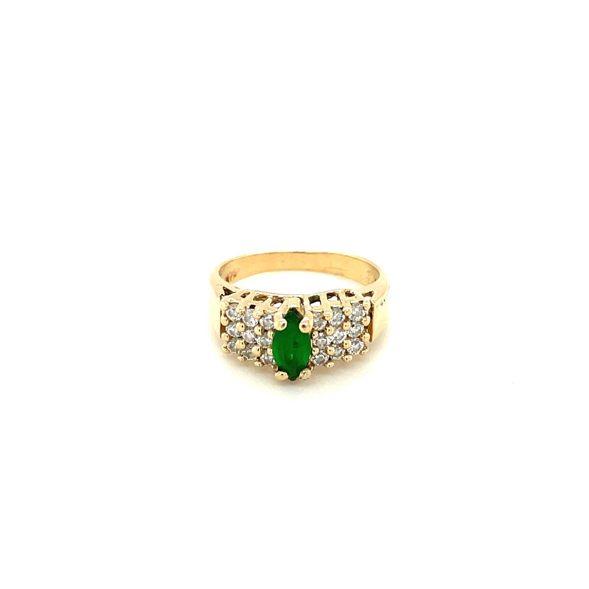 14K Gelbgold Marquise Geschnitten Smaragd Und Diamant-Ring von Crawfordsjewel