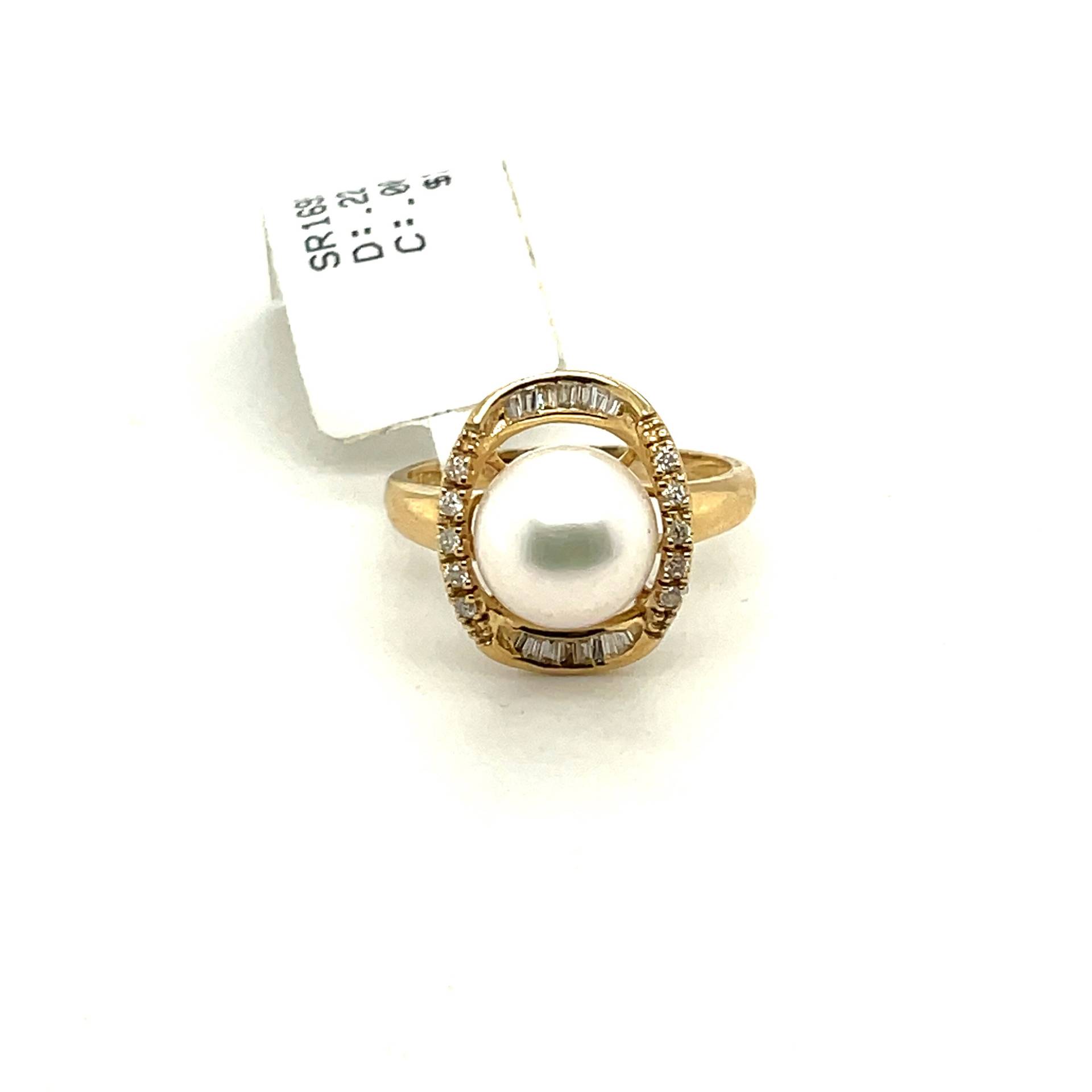 14K Gelbgold Rund Und Baguette Diamant Perle Oval Halo Ring von Crawfordsjewel