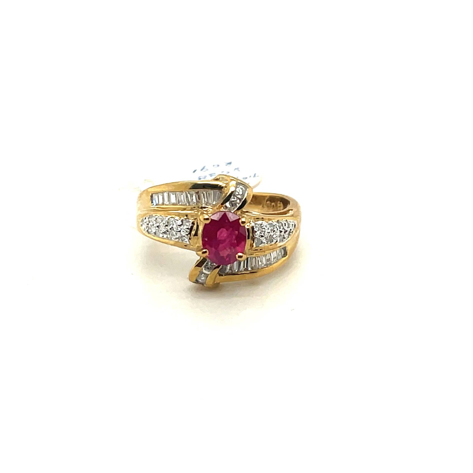 18K Gelbgold Rubin Rund Und Baguette Diamant Ring Apex13711 von Crawfordsjewel