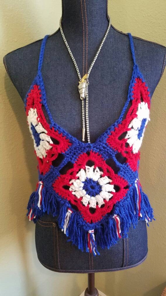 S/M/L Merica Fringey Festival Top // Häkeltop Rave 4. Juli Craycray von CrayCrayCrochetbyEM