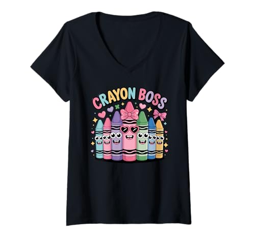 Damen Crayon Boss Herzaugen, niedlicher Klassenzimmer-Stil T-Shirt mit V-Ausschnitt Damen Crayon Boss Herzaugen, niedlicher Klassenzimmer-Stil T-Shirt mit V-Ausschnitt von Crayon Boss Girls School Squad Design