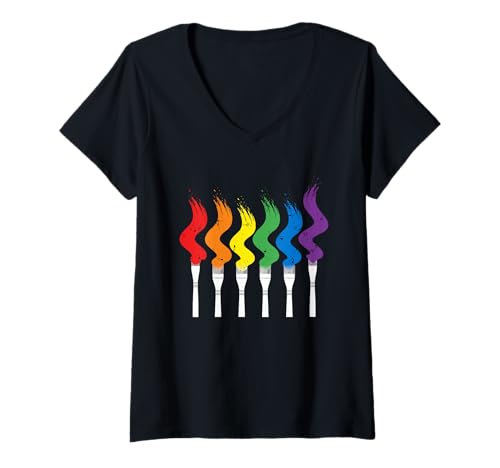Damen Crayon Lover Ausmalen Künstlerisches Zeichnen Farbe Mehrfarbig T-Shirt mit V-Ausschnitt von Crayon Coloring Art Lover Rainbow Apparel
