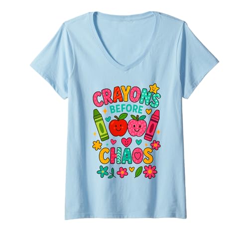 Damen Buntstifte vor dem Chaos Lustige Unterrichtsschule T-Shirt mit V-Ausschnitt Damen Buntstifte vor dem Chaos Lustige Unterrichtsschule T-Shirt mit V-Ausschnitt von Crayons Before Chaos Teacher Humor Co