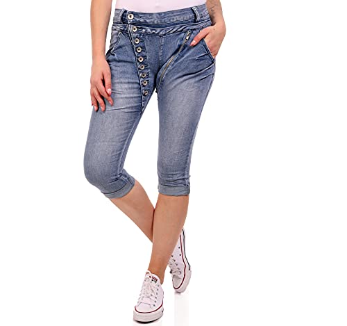 Crazy Age Boyfriend Baggy Jeans Capri Shorts Bermuda mit schräger Knopfleiste und Reißverschluß (Jeansblau, XS) von Crazy Age