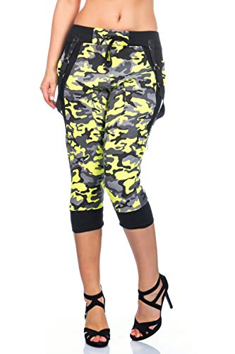 Crazy Age Camouflage Jogginghose Capri Damen Shorts Boyfriendhose Bagyyhose mit Hosentäger (Neongelb, L) von Crazy Age