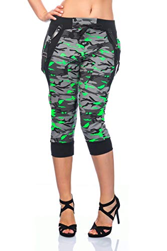 Crazy Age Camouflage Jogginghose Capri Damen Shorts Boyfriendhose Bagyyhose mit Hosentäger (Neongrün, XL) von Crazy Age
