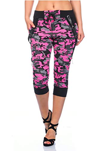 Crazy Age Camouflage Jogginghose Capri Damen Shorts Boyfriendhose Bagyyhose mit Hosentäger (Neonpink, M) von Crazy Age